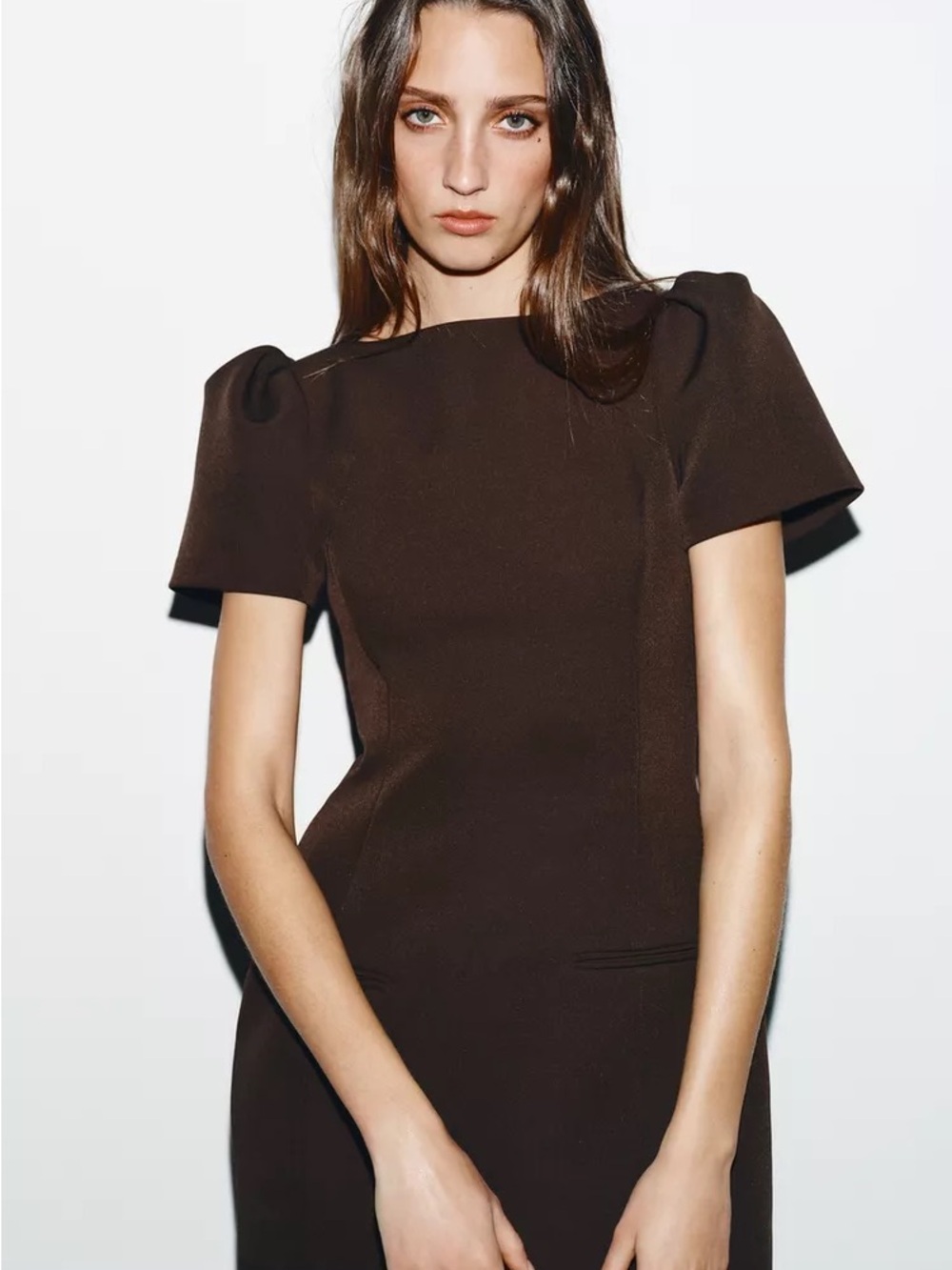Zara NWT Brown Boat Neck Pleated Puff Sleeves  Mini Dress Minimalist Pockets S